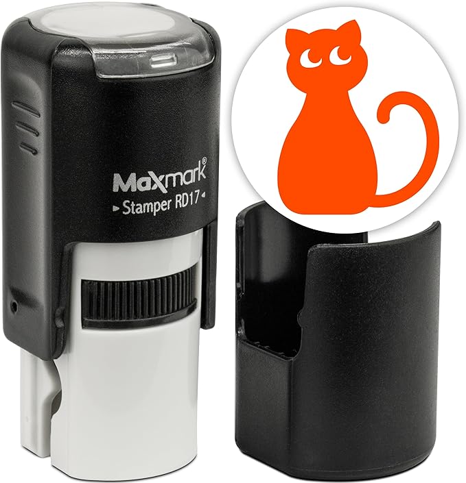 MaxMark Round Self Inking Halloween Stamp - Cat - Orange Ink