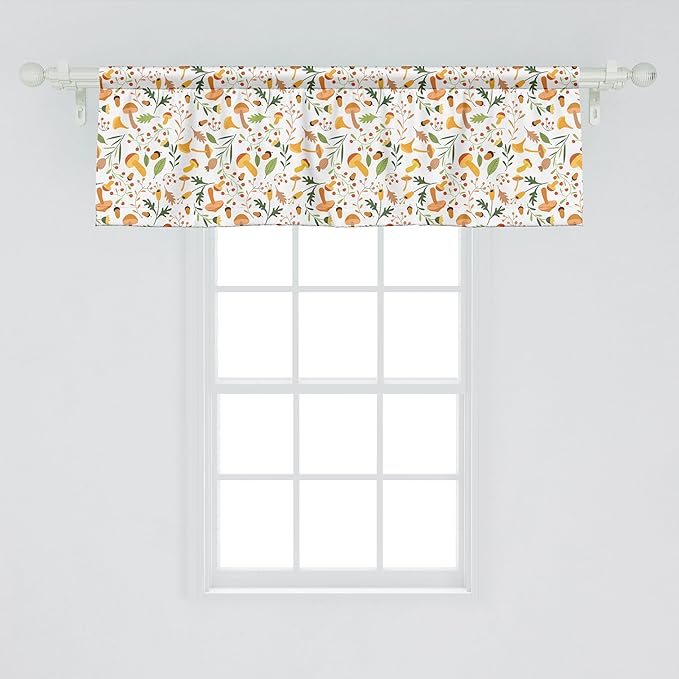 Ambesonne Acorn Window Valance Pack of 2, Mushroom and Holly Berries Pattern Nature Growth in The Fall Season Illustration, Rod Pocket Curtain Valances for Kitchen Bedroom, 54" X 18", Sand Brown