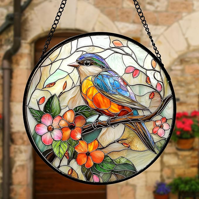 Stained Glass Window Hanging, Blue Bird Pink Flower Suncatcher Diamond Glass Panel Bird Sun Catchers Decor for Birthday for Women, Men, Wife, Aunt, and Mom 11.8x11.8 in