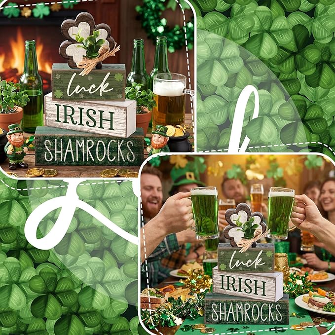 4 Pcs St. Patrick's Day Table Decorations Wooden Shamrocks Green Lucky St. Patrick Tiered Tray Decor Farmhouse Shamrock Blocks Signs Gifts Irish Themed Centerpiece Decorations for Home Decor