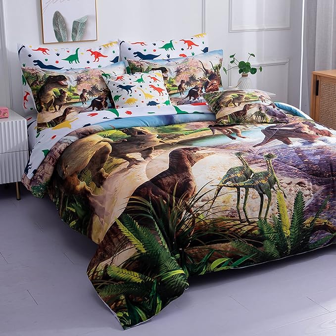 9 Piece Dinosaur Comforter Set Bed in a Bag Full Size for Teen Kids Adults,3D Jungle Dinosaur Quilt Set,(1 Comforter+4 Pillowcase+1 Flat Sheet+1 Fitted Sheet+2 Throw Pillow Cover)