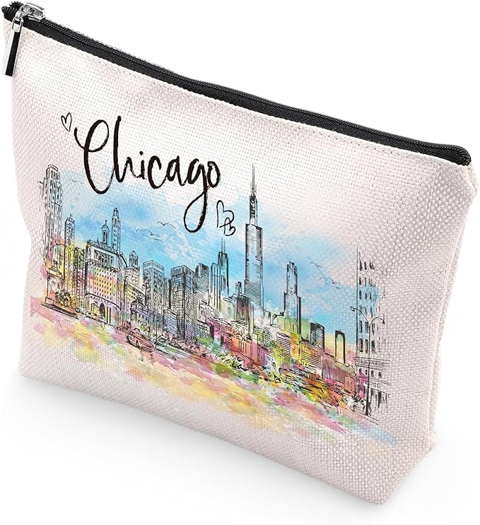 Chicago Souvenirs Travel Essentials - Watercolor Chicago City Gifts for Woman, American Souvenirs Gift Makeup Bag for Purse, Travel Essentials Makeup Bags, Homewarming Birthday Gifts