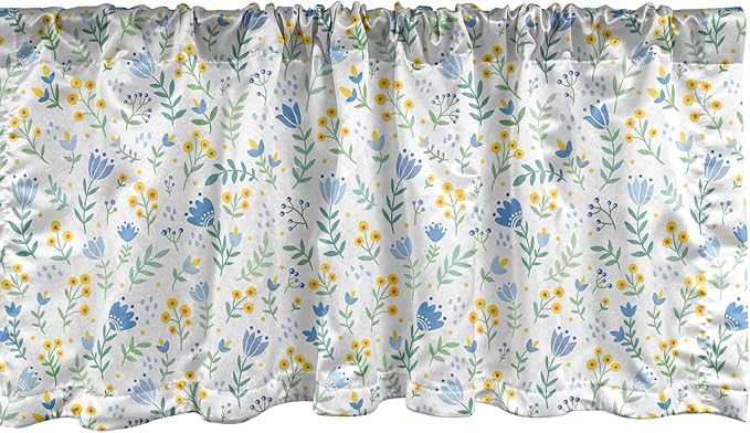 Ambesonne Tulip Window Valance Pack of 2, Fresh Spring Meadow Pattern with Wildflowers and Tulips Rural Nature, Rod Pocket Curtain Valances for Kitchen Bedroom, 54" X 12", Pale Green Pale Blue