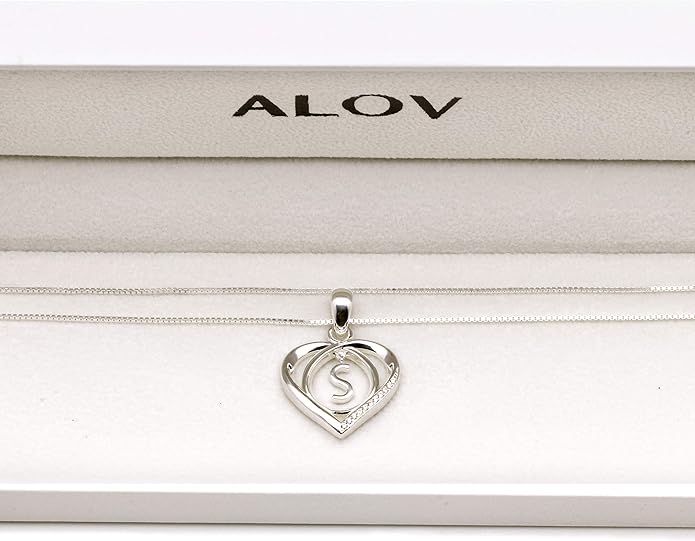 ALOV Jewelry Sterling Silver Initial Letter Alphabet Love Heart Cubic Zirconia Pendant Necklace
