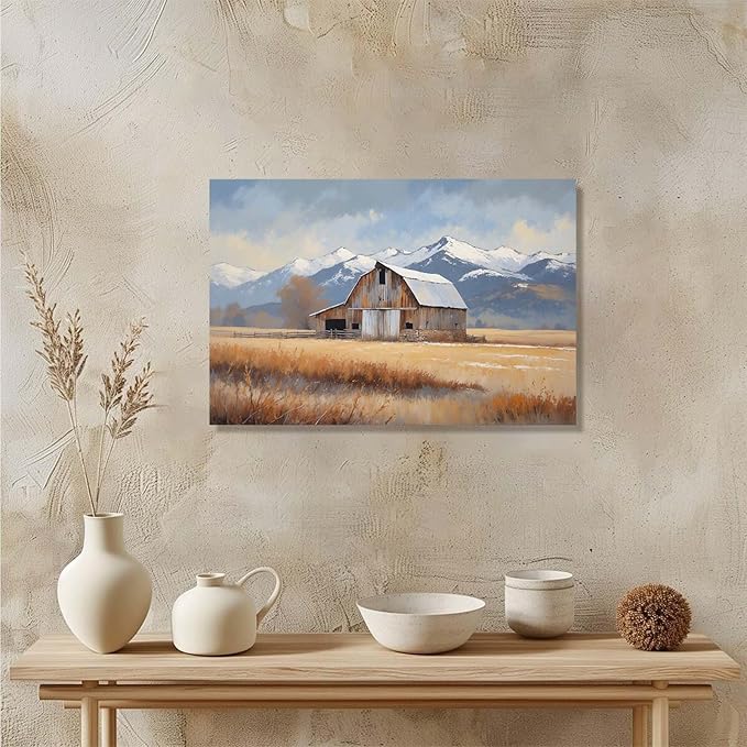 Mountain snow barn murals rural farm natural scenery Thanksgiving decorative paintings suitable for home decoration bathroom bedroom living room decoration24x36in(60x90cm)- Unframed