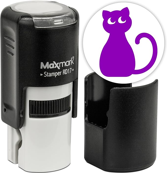 MaxMark Round Self Inking Halloween Stamp - Cat - Purple Ink