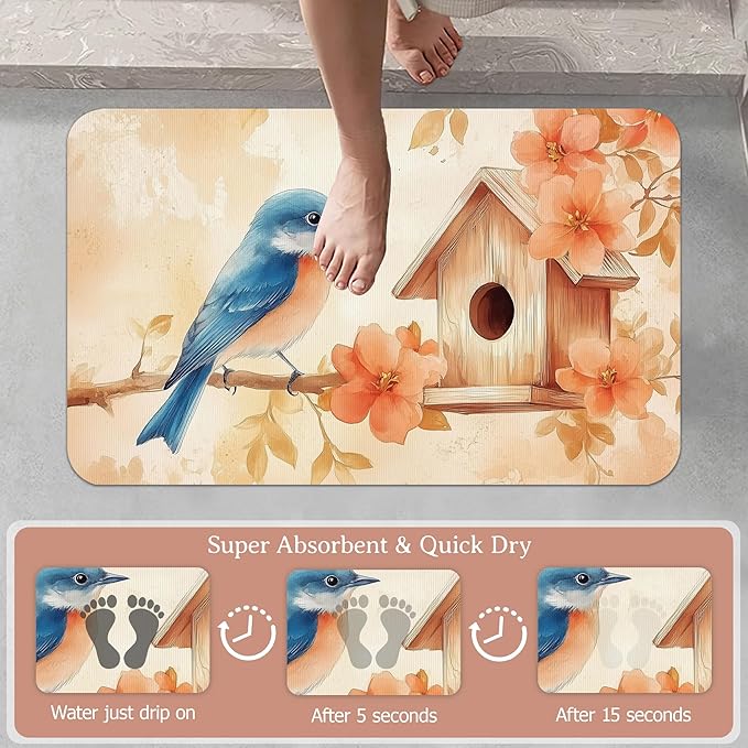 Bath Mat,Blue Bird Bathroom Rugs,Quick-Drying Non-Slip Rubber Bath Mats Fall Leaves Absorbent Diatomaceous Earth Mat for Bathroom Home Decor 17"x29.5"