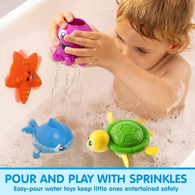 JOYIN Bath Fishing Toy Set for Toddlers - Magnetic Toy with Fishing Rod, Spinning Octopus and Starfish, Wind-up Shark and Turtle - Sensory Development for Infants