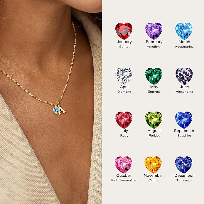 Turandoss Valentines Day Gifts for Her Trendy, Dainty 14K Gold Plated Initial A-Z Heart Birthstone Pendant Necklace Personalized Bridesmaid Birthday Valentines Jewelry Gifts for Women Girls