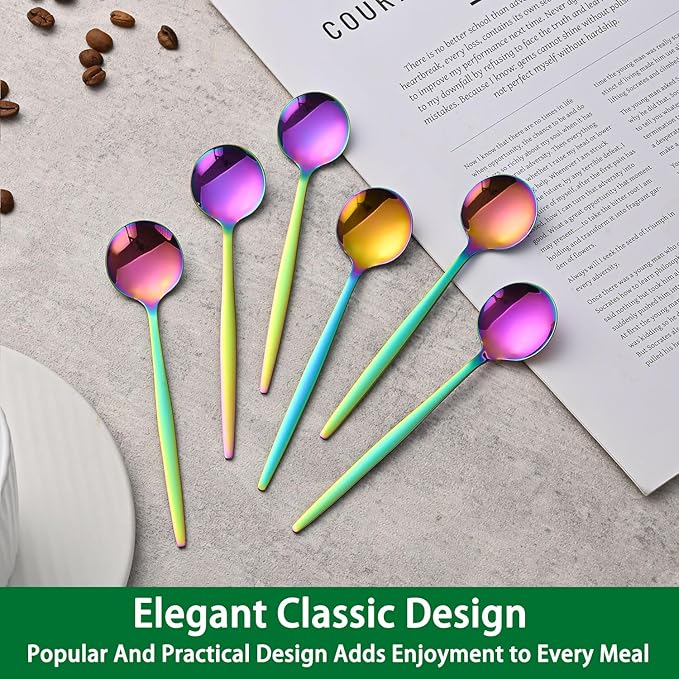 5.1 Inch Coffee & Tea Spoons Set,6 Pieces Rainbow Stainless Steel Espresso Spoon,Cute Small Spoons For Dessert Coffee