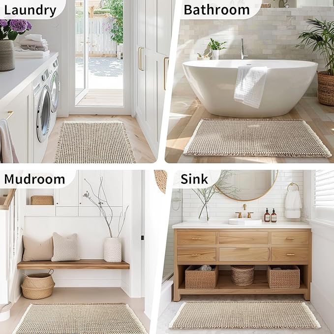 Waffle Runner Bath Mat - Long Boho Bathroom Rugs Non Slip Washable, Super Absorbent & Quick Dry, Soft Bath Mat Farmhouse Bathroom Decor, 24'' x 72'', Khaki and White