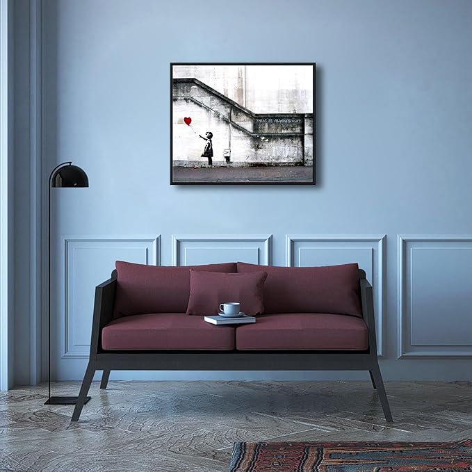 Wieco Art Framed Canvas Wall Art Giclee Canvas Prints of Banksy Grafitti Girl with Red Balloon Abstract Artwork for Wall Decor Home Decorations Black Frame