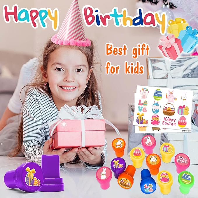 36PCS Easter Party Favors - 24PCS Temporary Tattoos & 12PCS Stamps - Ideal Spring Egg Bunny Themed Birthday Card Decorations Supplies Goodie Bag Cute Rewards for Boys Girls Classroom Gifts Prizes