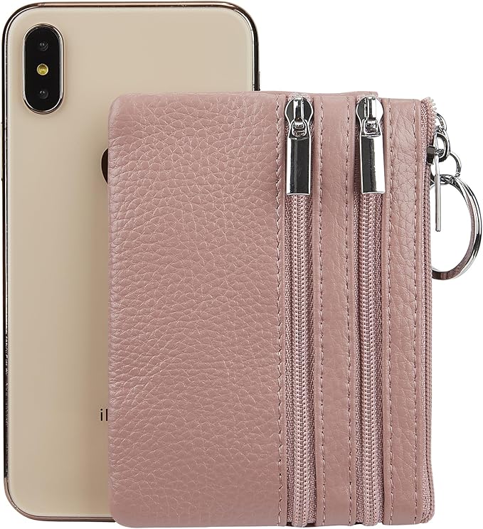 Women's Genuine Leather Coin Purse Mini Pouch Change Wallet with Keychain