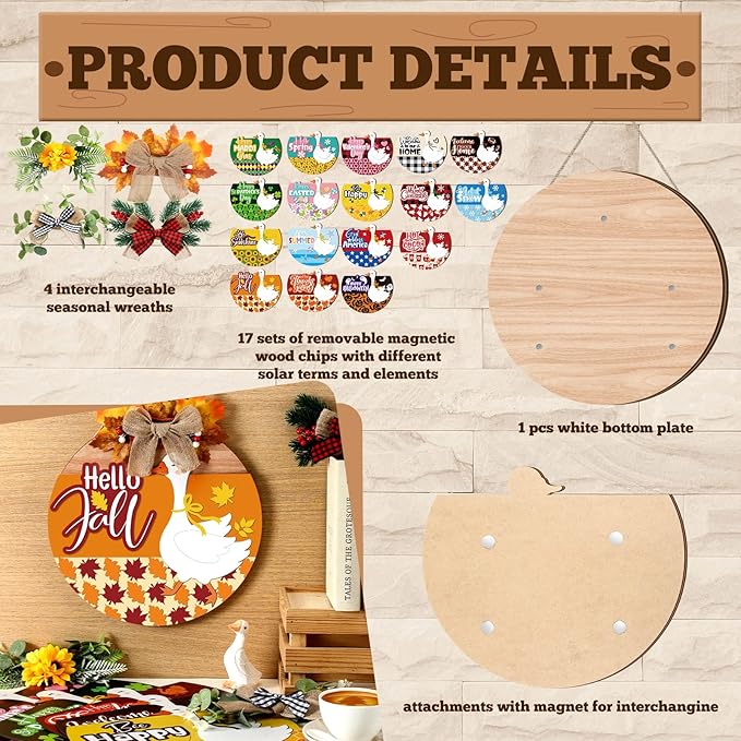 Vicenpal 22 Pcs Interchangeable Welcome Sign for Front Door with 17 Magnetic Icon Wooden Seasonal Front Porch Door Decor with 4 Seasonal Wreath for Holiday Halloween Christmas Gift (Light Brown,Goose)