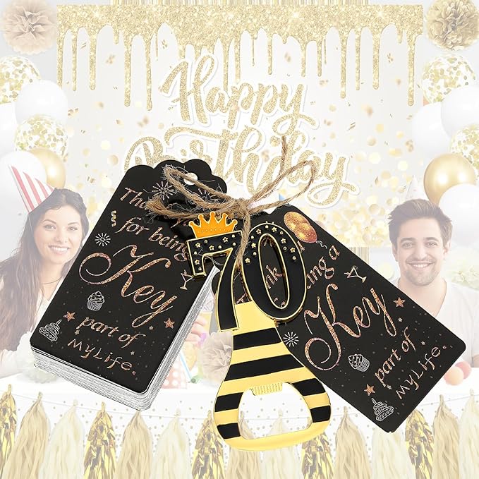 24pcs 70th Gold Keychain Bottle Opener 70th Birthday Party Favors, 70 Keychain Beer Bottle Opener Favors Anniversary Souvenirs Return Gifts for Guests Party Decor Supplies (black 70)