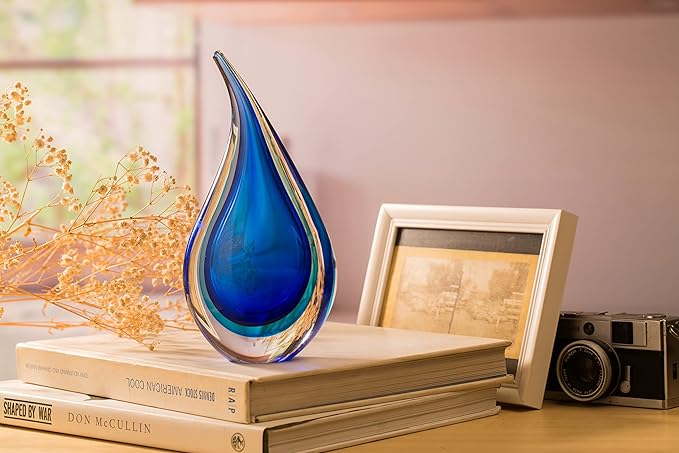 Yao Yuan Hand-Blown Glass Sculpture Glass Decor Murano-Style Glass Statue and Figurine Wonderful Gift, Blue Hollow