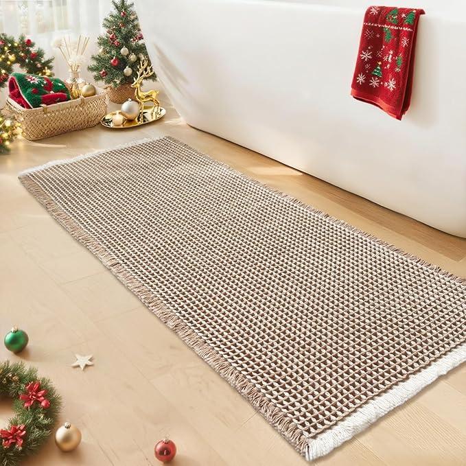Waffle Runner Bath Mat - Long Boho Bathroom Rugs Non Slip Washable, Super Absorbent & Quick Dry, Soft Bath Mat Farmhouse Bathroom Decor, 24'' x 72'', Khaki and White