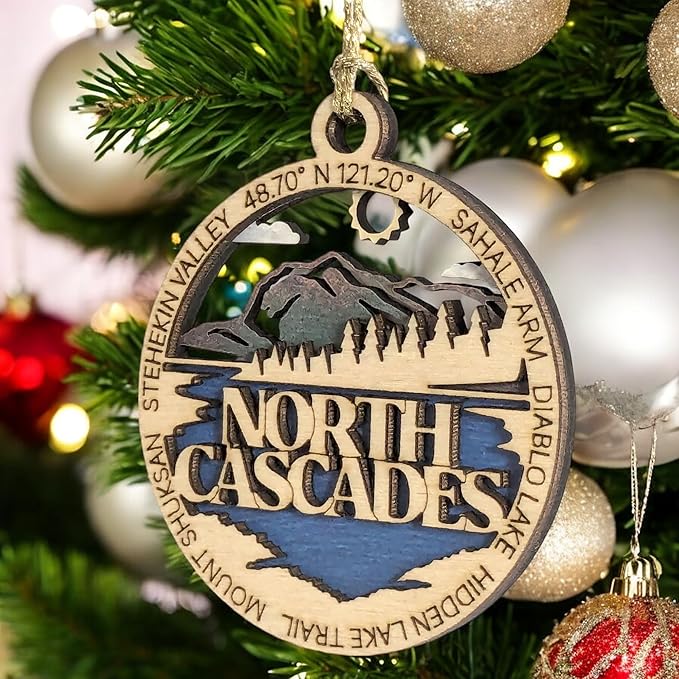 North Cascades National Park 3" Christmas Ornament - Two-Layer Wood Decor - Sahale Arm & Diablo Lake Scene - Handmade in USA