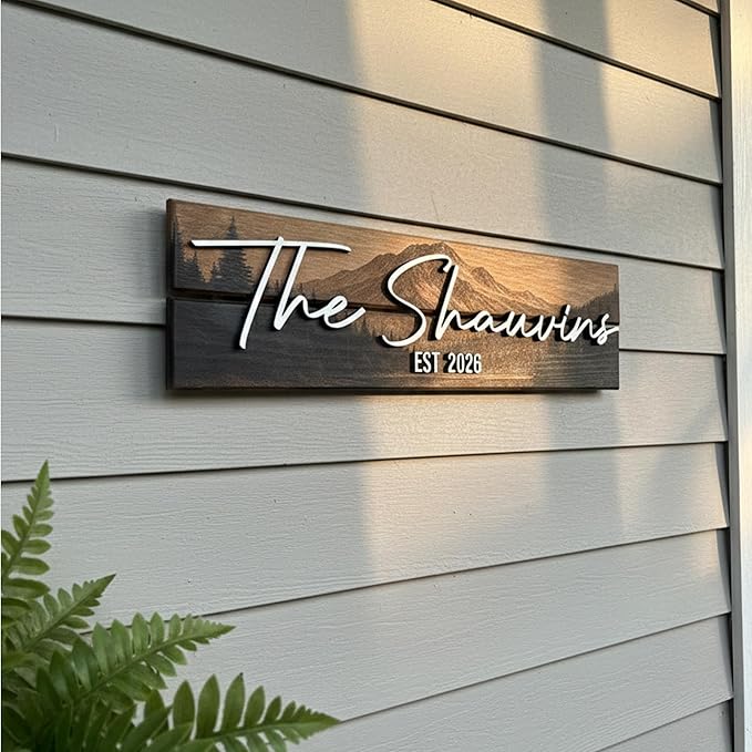 Custom Mountain Family Name Sign - Rustic Wood Wall Decor, Personalized Wedding & Gift for Couples Anniversary, Housewarming Gift for New Home (Small)