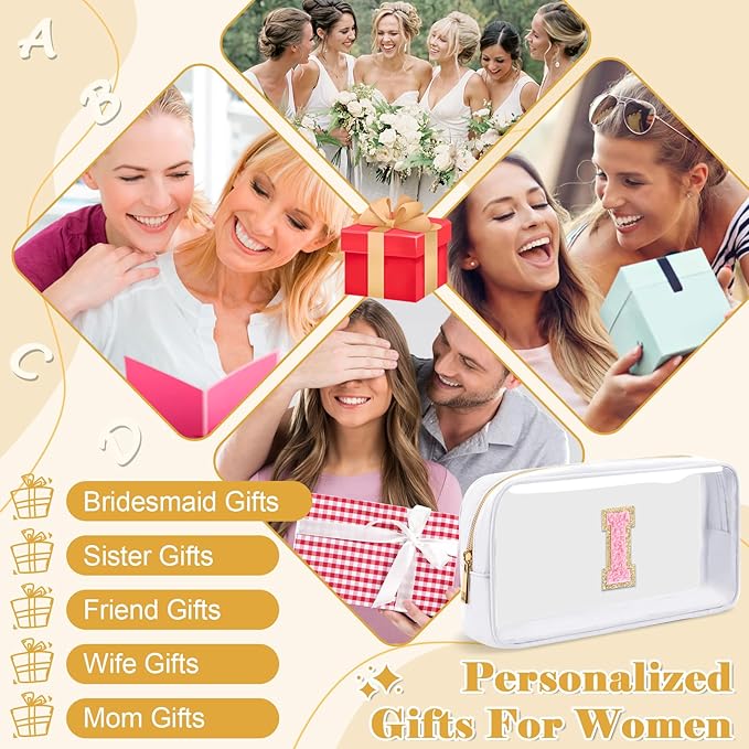 Personalized Initial Letter Clear Makeup Bag,Preppy Small Nylon&PVC Cosmetic Zipper Bag with Chenille Letter,Travel Skincare Toiletry Bag,Monogram Christmas Gift for Teen Girls Women,I