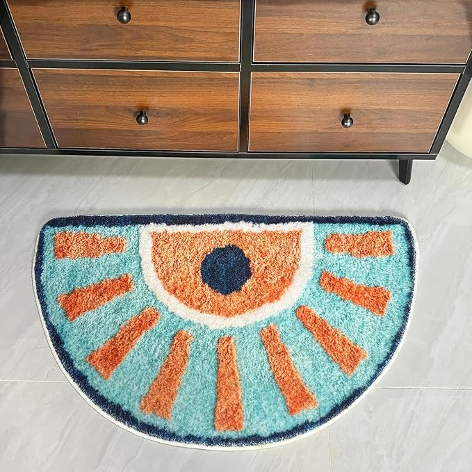 Washable Cute Bath Mat for Bathroom,31x20 Half Circle Non-Slip Small Bath Rugs, Absorbent Quick Dry Bath Mats, Plush Carpet for Bathtub, Boho Farmhouse Decor (Blue Sunshine)