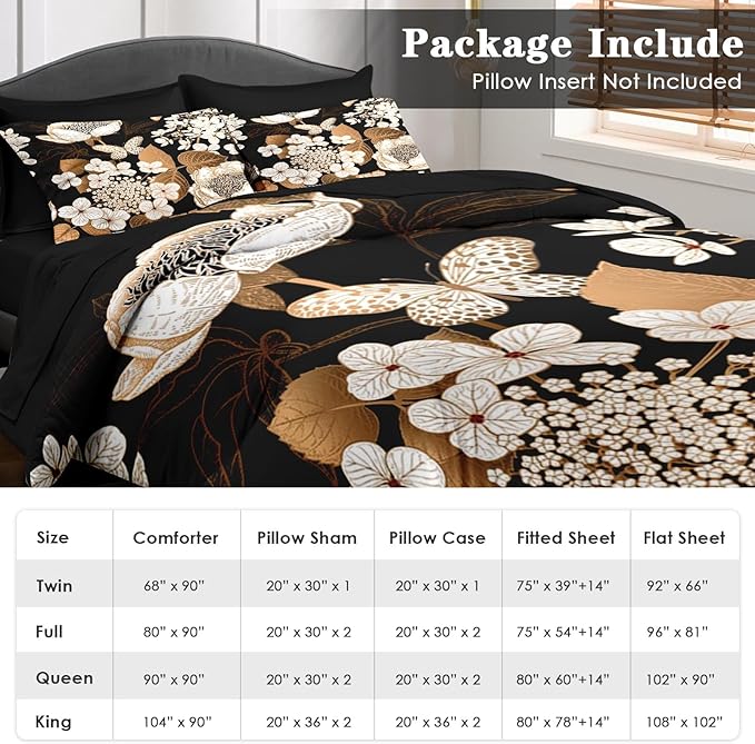 Comforter Set King Size, Hydrangea Butterfly Flower 7 Pcs Bedding for Kids and Adults, Black Gold Bed Sheet Sets with Fitted Sheet 2 Pillowcase & 2 Sham for Bedroom Bed Decor