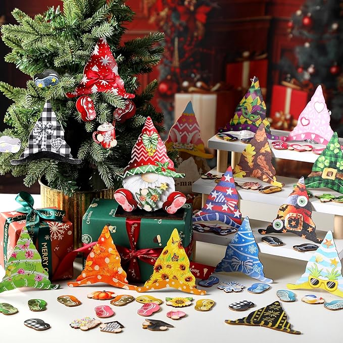 Blulu 34 Pcs Christmas Interchangeable Wooden Gnome Decor DIY Holiday Christmas Seasonal Tiered Tray Decoration Gnomes with Magnet Pieces Welcome Sign for Xmas Holiday Decorations (Vivid)