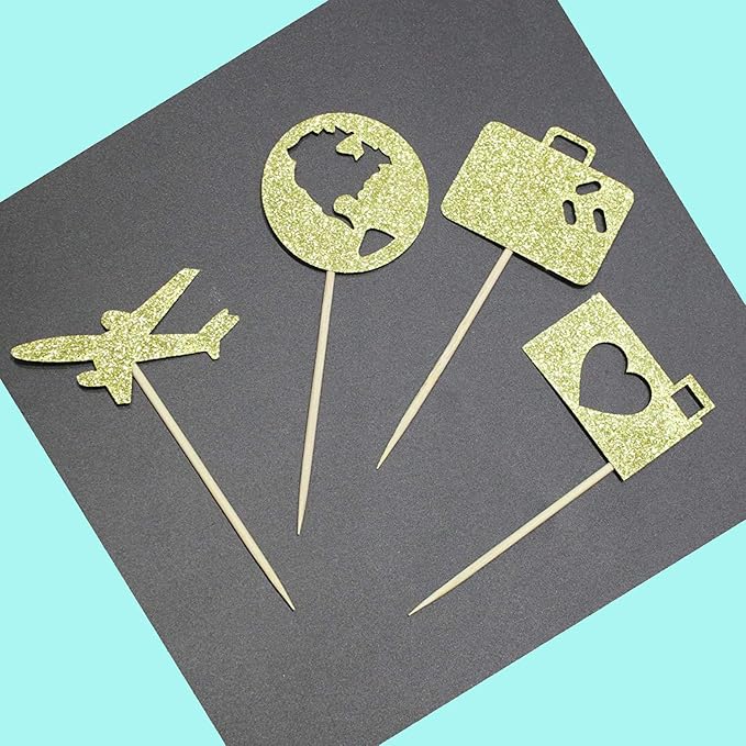 Morndew 24 PCS Airplane Heart Traveling Case Earth Cupcake Toppers for World Travel Themed Party Baby Shower Birthday Party Wedding Party Decorations