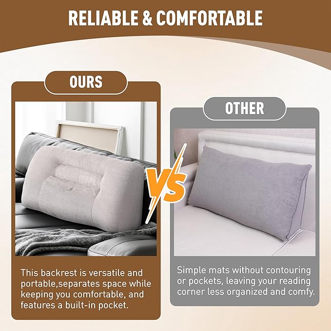 Reading Pillow for Couch, Bed Rest Back Pillow with Front Pocket, Comfortable Back Pillows for Sitting in Bed, Daybed, Tatami, Living Room