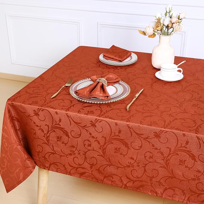 misaya Rectangle Thanksgiving Tablecloth, Waterproof Jacquard Fall Table Cloth, Damask Cloth Table Cover for Harvest Decor (60" x 102", Rust Vine Pattern)