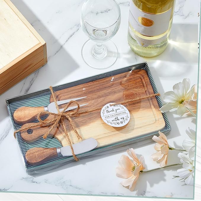 3 Sets Bridal Baby Shower Cheese Prizes Wooden Square Board Gift Set Knives Forks Thank You Tags with Box for Guests for Valentines Bridal Baby Shower Housewarming (Acacia Color)