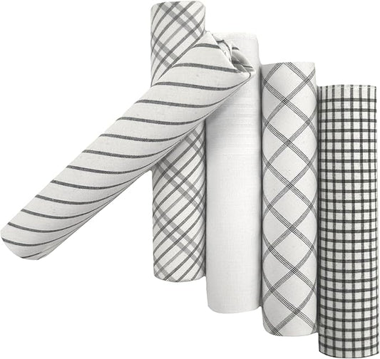 5 Pack Handkerchief Mens Cotton Luxury Hot Silver Gift Box Set, Vintage 40x40cm Fancy Design Pocket Square Hankie Gift Pack