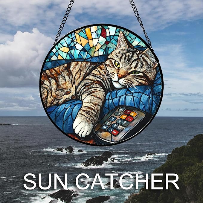 Stained Glass Window Hanging Gray Cat and Remote Control 6.3" - Suncatcher Door Garden Kitchen Sun Catcher Home Decor Birthday for Lost Pets Mom Men Woman Friend Grandma