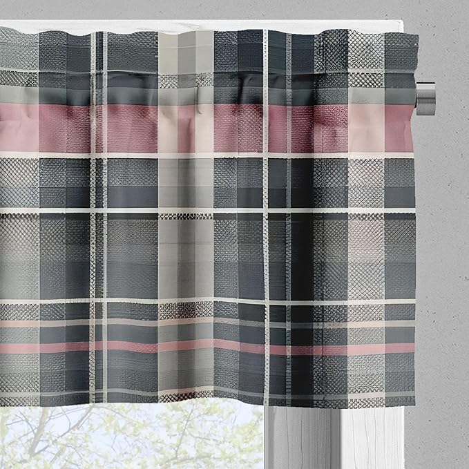 Ambesonne Floral Valance & Tier Curtain 3 pcs Set, Treasured Garden of Spring with Flowers and Calm Colored Tartan Plaid Pattern, Window Treatments for Kitchen Room Decor, 55" x 36", Pink and Grey