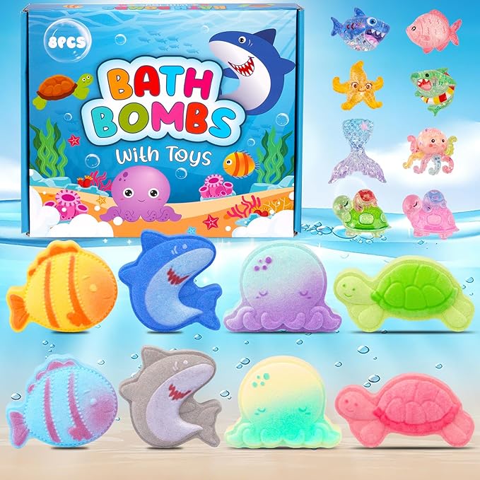Sea Animal Bath Bombs for Kids with Surprise Inside, 8PCS Organic Essential Oil Shark Octopus Turtle Fish Bubble Bath Bombs for Kids，Birthday Gift for 3-8 Boys,Girls Ocean Party