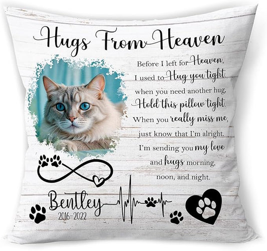 Personalized Pet Memorial Throw Pillow (Insert Included), Hugs from Heaven Cat Memorial Pillow, Cat Memorial Gifts for Loss of Cat, Cat Remembrance Gifts, Cat Memorial Gifts, Pet Loss Gifts