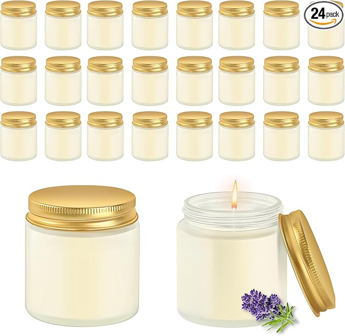ACITHGL 24 Pcs Frosted Glass 4oz Mini Mason Jar Candles Small Lavender Scented Candles Bulk Aromatherapy Ideal Souvenir Favors for Wedding Birthday Party (Gold, Frosted, 24)