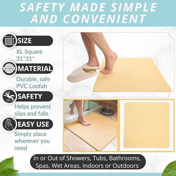 Square Shower Mat - Non Slip Shower Mats for Inside Shower - Extra Large 31x31 Shower Floor Mat Non Slip - Square Bath Mat for Shower - Secure Anti Slip Loofah Shower Bath Mat (31x31 Beige)