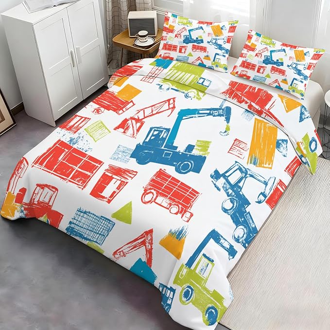 Crane Truck Duvet Cover Queen Size Graffiti Construction Vehicles Bedding Set Machinery Truck Cars Comforter Set Kids Engineering-Themed Quilt Cover Soft Microfiber for Bedroom