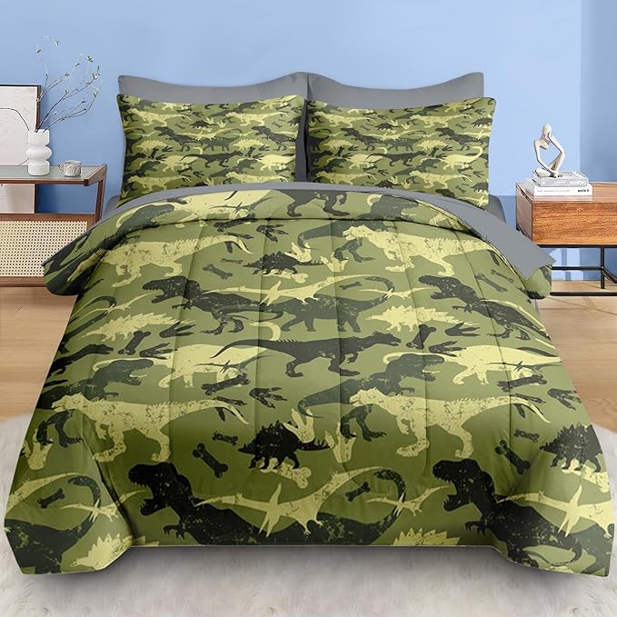 Comforter Set Twin Size, Camouflage Dino Dinosaur 5 Pcs Bedding for Kids and Adults, Cute Funny Green Bed Sheet Sets with Fitted Sheet Pillowcase & Sham for Bedroom Bed Decor