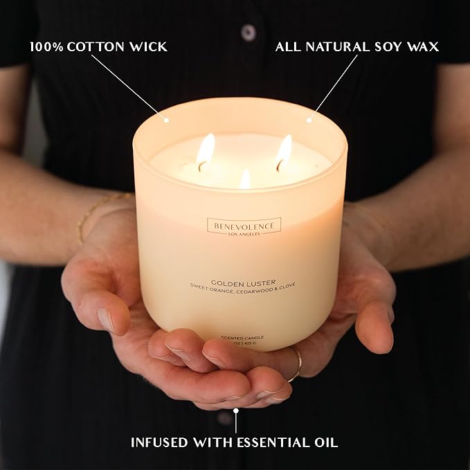 Orange, Cedarwood & Clove – Benevolence LA Large 3-Wick Scented Candle for Home | 15oz, 50-Hour Burn | Soy Wax, Cotton Wicks | Gift Ideas for Women | Malibu Sands Collection