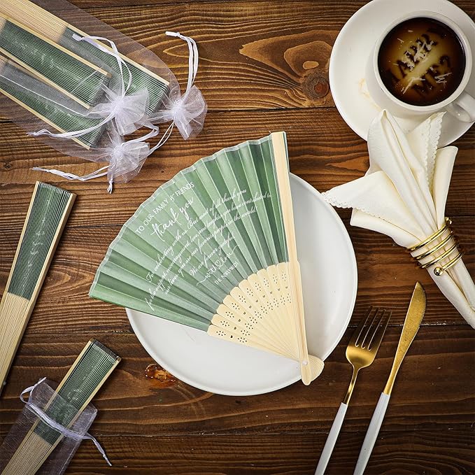 Menkxi 30 Pcs Silk Fabric Folding Fans Bulk for Wedding Guests Thank You Bamboo Folded Hand Fan for Bridal Shower Decoration Favor Vintage Handheld Fans Souvenirs with Organza Bag (Sage,Classic)