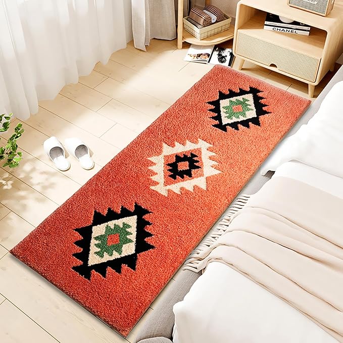 Bohemian Bathroom Rug Runner 60x24 Inch Long Bath Mat for Bathroom Tub Bedroom Kitchen Laundry Room Hallway, Fluffy Soft Bohemian Carpet Runner, Home Decor Rug, Coral