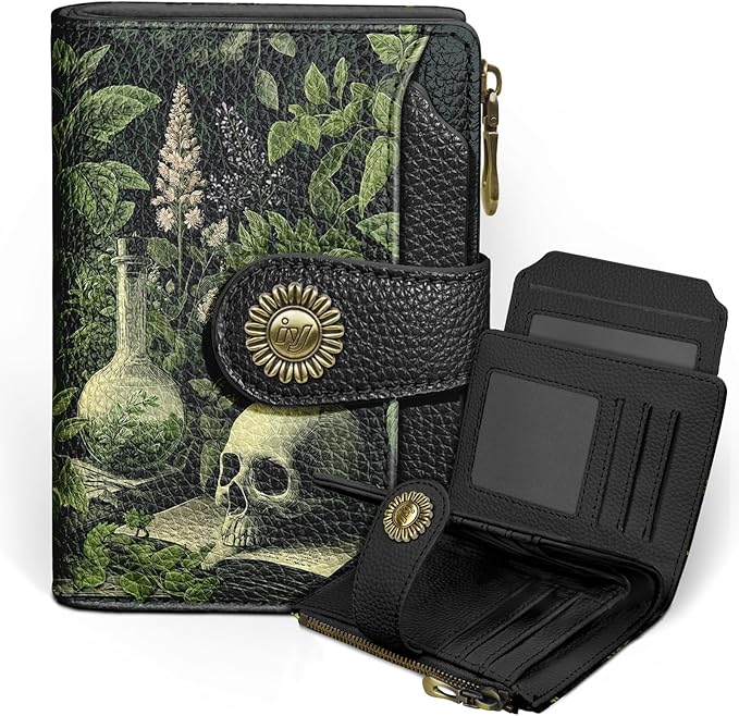 Goth Gothic Skull Small Wallet Women RFID Blocking Bifold, Credit Card Holder, Zipper Coin Pocket, Funny Witchy, Compact, Travel, PU Leather, 4 ID Window 14 Card Slots, Cash Purse, Ladies Woman