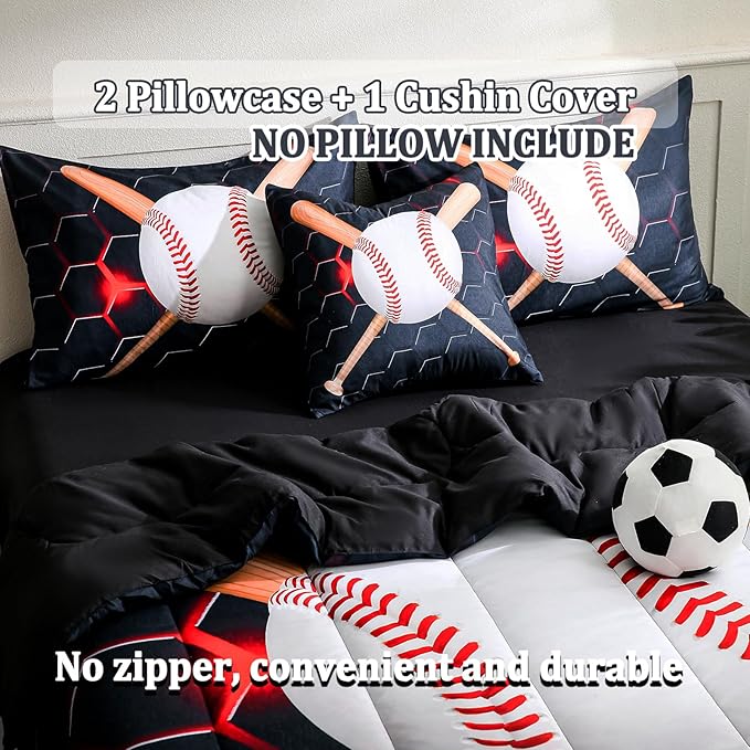 6pcs Baseball Full Bedding Sets for Boys,Sports Black Full Size Comforter Set with Sheets for Boys Kids Teens