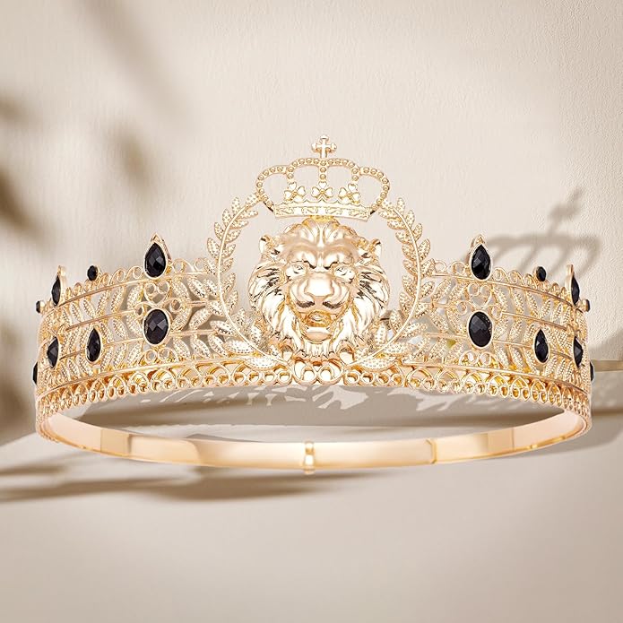 King Crown and Birthday Sash, King Crown for Men,Gold Men's Tiara Prince Diadem,Royal Medieval Cosplay Birthday Prom Halloween Hair Accessories