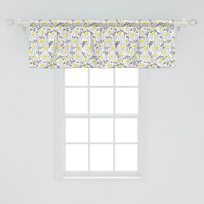 Ambesonne Yellow Window Valance Pack of 2, Pattern with Bees and Chamomile Daisy Flowers in Flourishing Meadow Nature, Rod Pocket Curtain Valances for Kitchen Bedroom, 42" X 18", Grey Yellow White