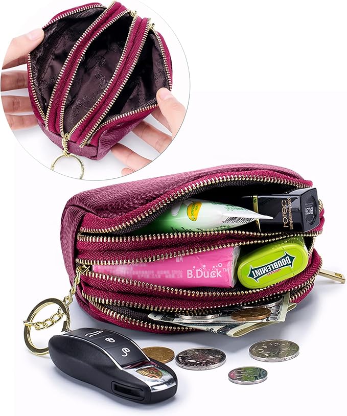 LINNO 3 Zippered Genuine Leather Coin Purse Triple Capacity Change Pouch Little Travel Wallet With Key Ring for Women