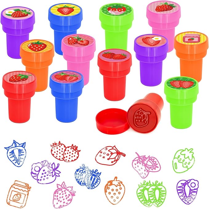 Cinrobiye 24 Pcs Strawberry Stampers, Cute Fruit Party Favors, Pink Stamps for Birthday Party Supplies, Carnival Prizes, Goodie Bag Fillers Pinata, Classroom Rewards, DIY Craft Activities